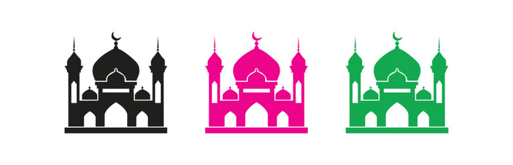 Set of three stylized mosque icons in black, pink, and green silhouettes with crescent moons and minarets, isolated on a white background representing islamic architecture and cultural symbols.