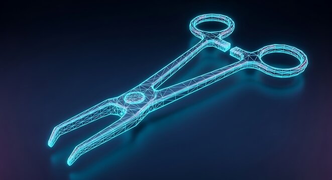 Medical wireframe hemostatic clamp, showcasing surgical instruments, precision, and the digital evolution of healthcare tools with a blue glow. Futuristic Medical Equipment with Advanced,  Ai Gen