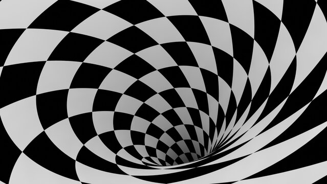 Abstract warped checkerboard tunnel illusion background