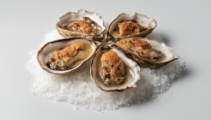 Oysters in half shells served on salt
