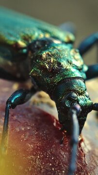Vivid Beetle Crawling on a Fruit in Macro View