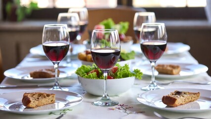 Naklejka premium Red wine glasses and salads with bread on table shared meal setting.