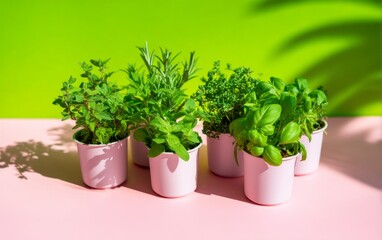 Fototapeta premium Fresh Herbs in Small Pots on Pink Stand Background