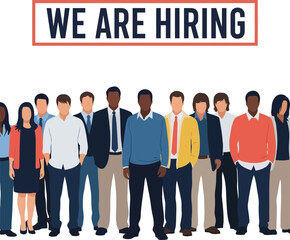 Fototapeta premium Diverse business professional team standing together under we are hiring banner for recruitment and employment