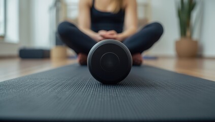 Obraz premium Perspective of women's legs with a black foam roller on a yoga mat, slightly blurred