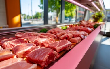 Fresh Cuts Neatly Arranged on Meat Counter Display