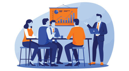Fototapeta premium Business professionals engaged in a meeting with a presenter and data analysis on a screen