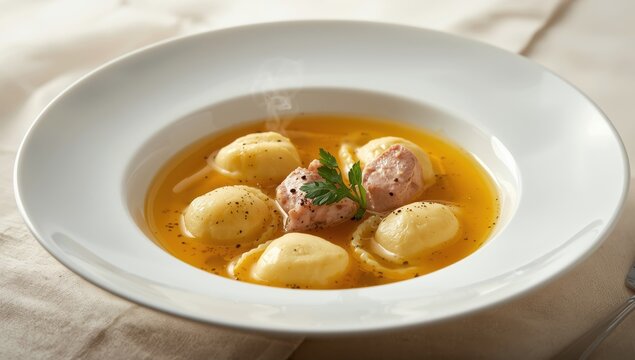 Piedmontese stuffed pasta, ravioli del plin, served in broth on a white plate
