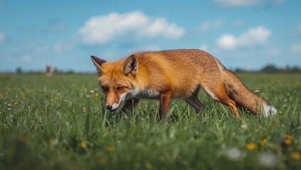 Fototapeta premium Red Fox stalking and hiding in grass