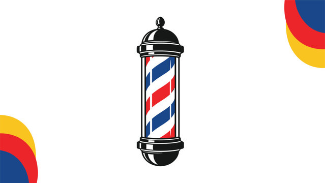 Traditional barber pole with red, white, and blue stripes isolated on a white background with abstract corner shapes.