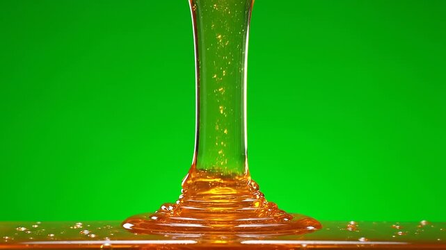 Golden Honey Dripping in Smooth Stream on Green Screen Background