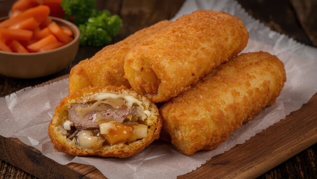 Risol is a fried snack typically filled with ragout, potatoes, carrots, or smoked meat, mayonnaise, and sauce