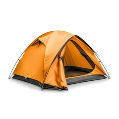 Bright Orange Tent Set Up in Outdoor Scenic Location Surrounded by Nature and Greenery