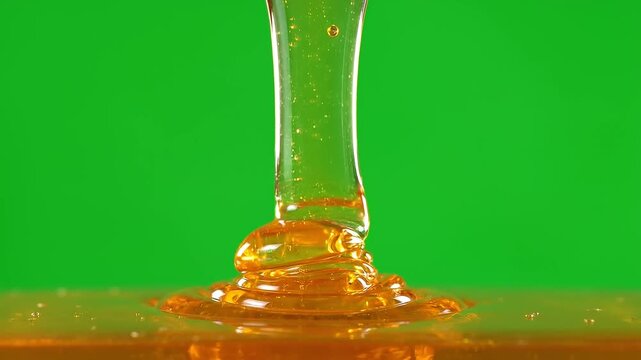 Golden Honey Dripping in Smooth Stream on Green Screen Background