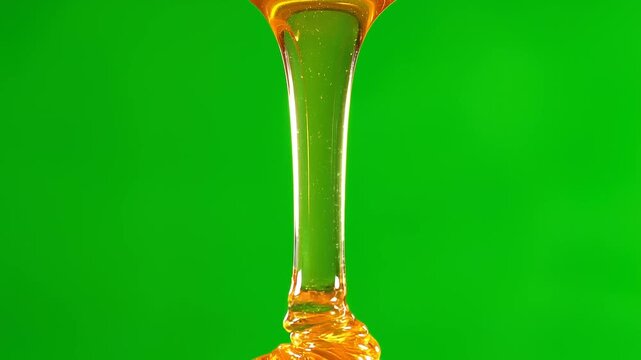 Golden Honey Dripping in Smooth Stream on Green Screen Background