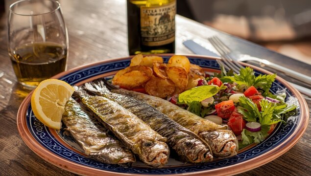 Sardines on the grill with fries, salad, and lemon in Mallorca, Spain