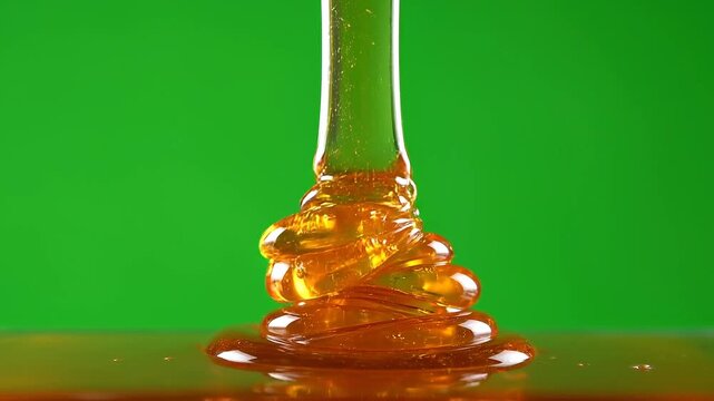 Golden Honey Dripping in Smooth Stream on Green Screen Background
