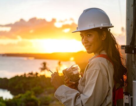 A woman in a hardhat standing by a metal structure overlooking water