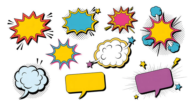 Comic Explosion Bursts, Smoke Clouds, and Speech Bubble Set in Colorful Pop Art Cartoon Style for Sound Effects, Dialogue Boxes, Stickers, and Posters