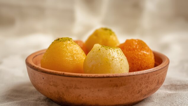 Well-known Indian sweets rasgulla and gulab jamun served in clay bowl