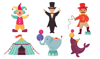 Set of circus element mascot designs.