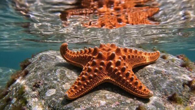 Orange Starfish Resting On A Grey Rock Underwater