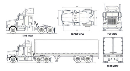 Semi-truck blueprint: side, front, top, and rear views with dimensions