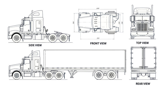 Semi-truck blueprint: side, front, top, and rear views with dimensions