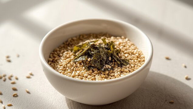 Vegan furikake made with shredded nori and sesame seeds served in a white bowl, a Japanese condiment