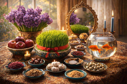 Nowruz Haft-Seen table setting with traditional elements and gold fish in bowl