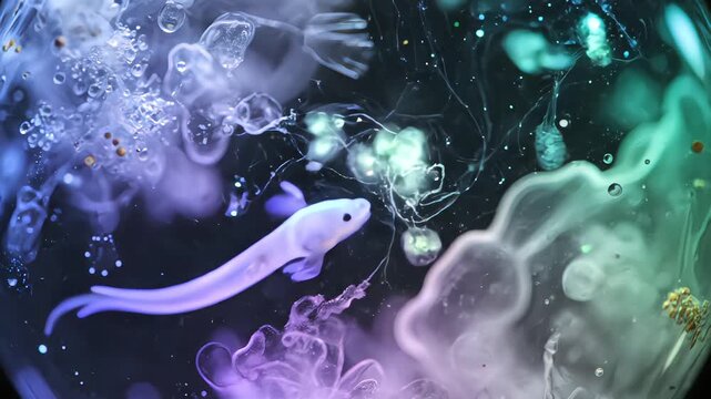 Surreal macro of white axolotl larva swimming in colorful abstract neon fluid and bubbles