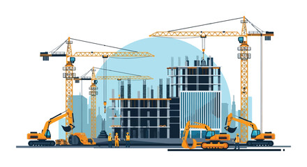 A vibrant construction scene with multiple cranes buildings and workers presented in a striking silhouette high quality professional detailed modern elegant © rabbivay