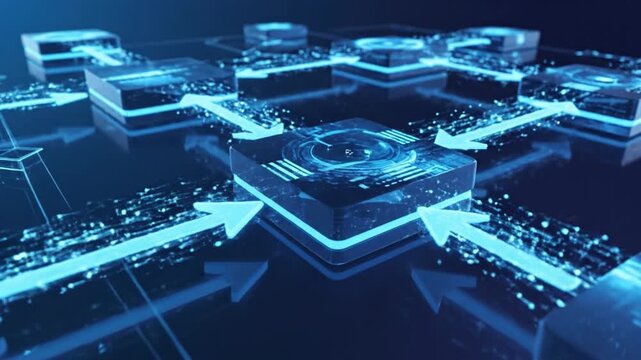 Futuristic digital circuit board of blue glowing microchip nodes and transparent network blocks with illuminated arrows showing data connection and network routing technology conveying digital