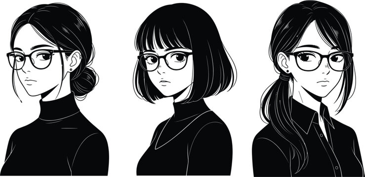 Set of Three Minimalist Anime Girl Portraits Wearing Eyeglasses with Different Hairstyles in Black and White Manga Art Style for Avatars and Social Media Profiles