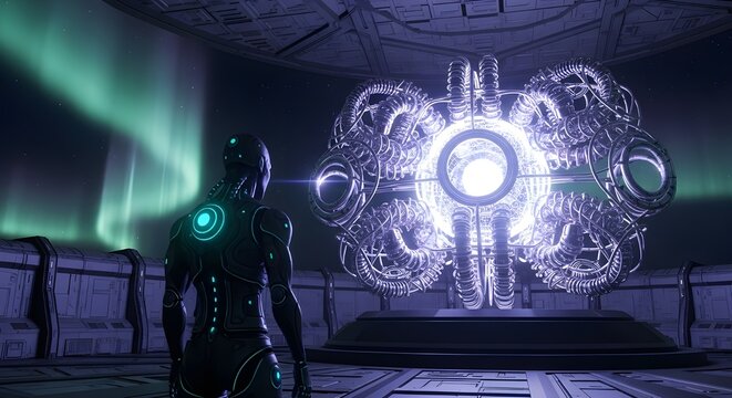 Cyborg Astronaut Standing Before Giant Glowing Quantum Fusion Core in Space Station