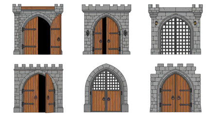 Medieval Castle Gate Collection: Stone Walls, Wooden Doors, and Iron Grilles © purnama