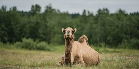 Obraz premium Wild Bactrian Camel Sitting in a Grassy Field While Resting for Nature Documentary and Zoo Marketing with Calm Animal Posture and Green Forest Background