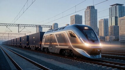 High speed freight locomotive pulling containers through city.