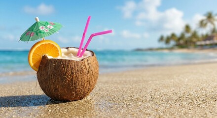 Tropical coconut cocktail on a sunny beach
