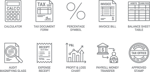 Naklejka premium Collection of minimalist line icons for accounting, finance, tax, and business management.