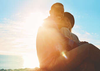 Thinking, couple and relax with hug outdoor for travel, adventure and bonding together. Smile, people and laughing with embrace, romantic partner and sightseeing view with flare on vacation in nature