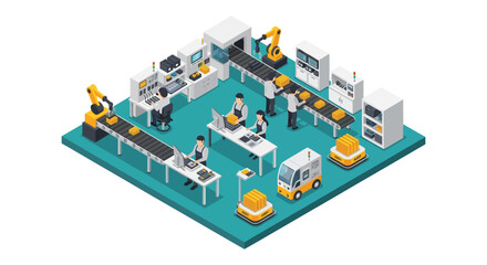 Obraz premium Isometric illustration of a modern factory floor with workers robots and conveyor belts showcasing automated production silhouette high quality professional