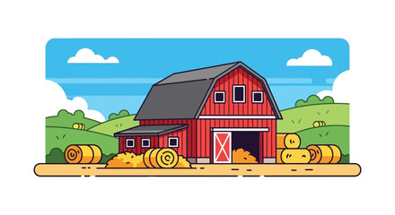 A charming red barn stands amidst rolling green hills and hay bales presented in a crisp silhouette high quality professional detailed © rabbivay