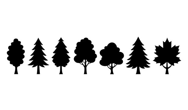 A set of seven black tree silhouettes on a white background