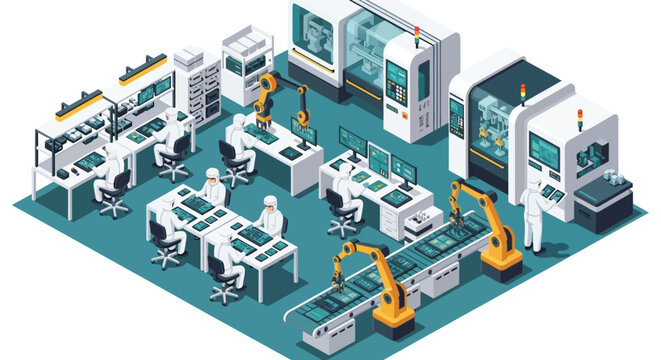 A detailed isometric illustration depicts a modern high tech factory floor with workers and robotic arms silhouette high quality professional modern elegant