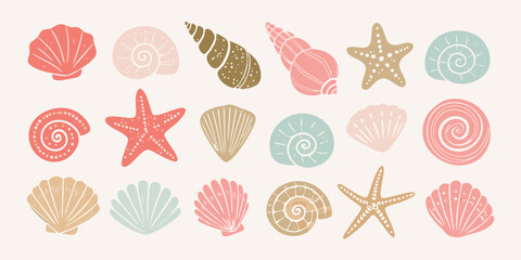 A collection of colorful illustrated seashells and starfish on a beige background