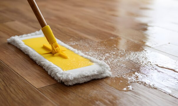  floor cleaning with a microfiber mop on a brown wood floor, like a product shoot