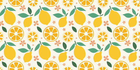 A bright and cheerful pattern featuring lemons oranges flowers and leaves