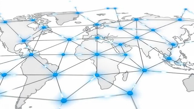 A high-tech digital global map representation with glowing blue nodes and interconnected lines forming a worldwide communications and data network in 3D perspective
