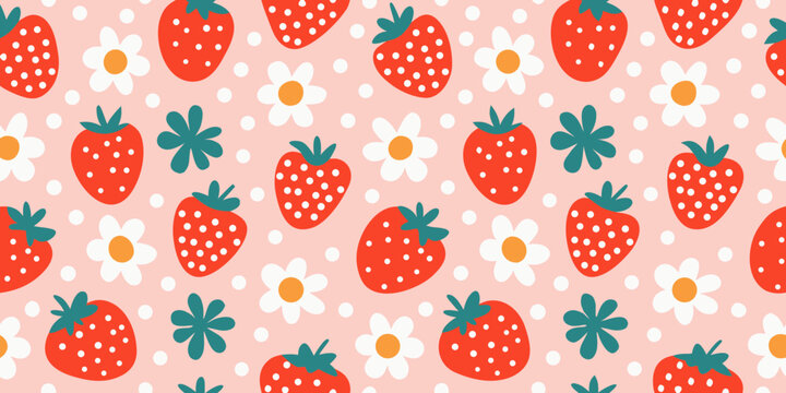 A repeating pattern of strawberries daisies and teal leaves on pink